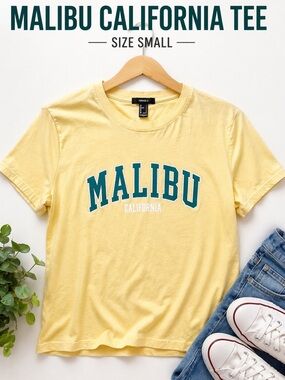Forever 21 Yellow Tee with Teal Malibu Logo